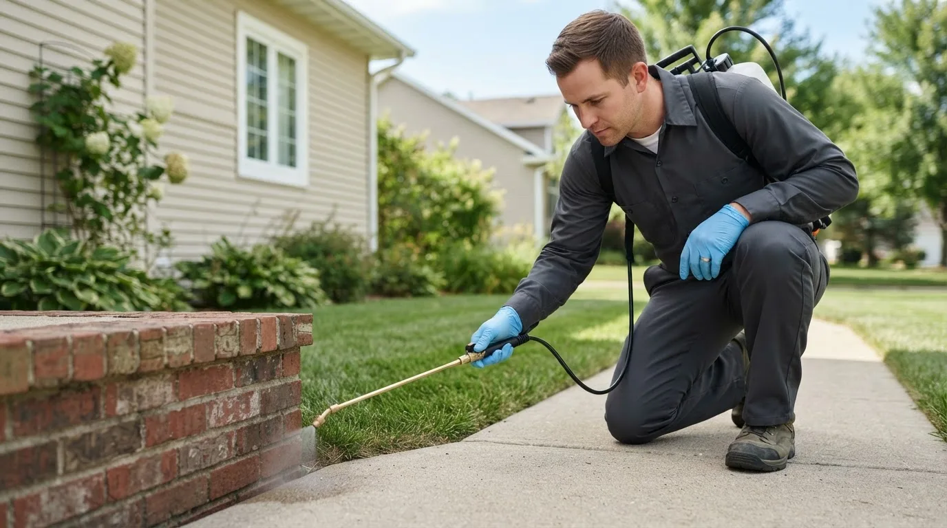 Pest control technician treating a home near Pine Island, NY